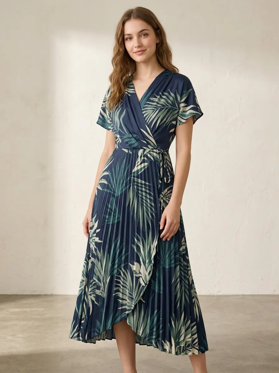 Women's Tropical Palm Leaf Printed Wrap Pleated Dress