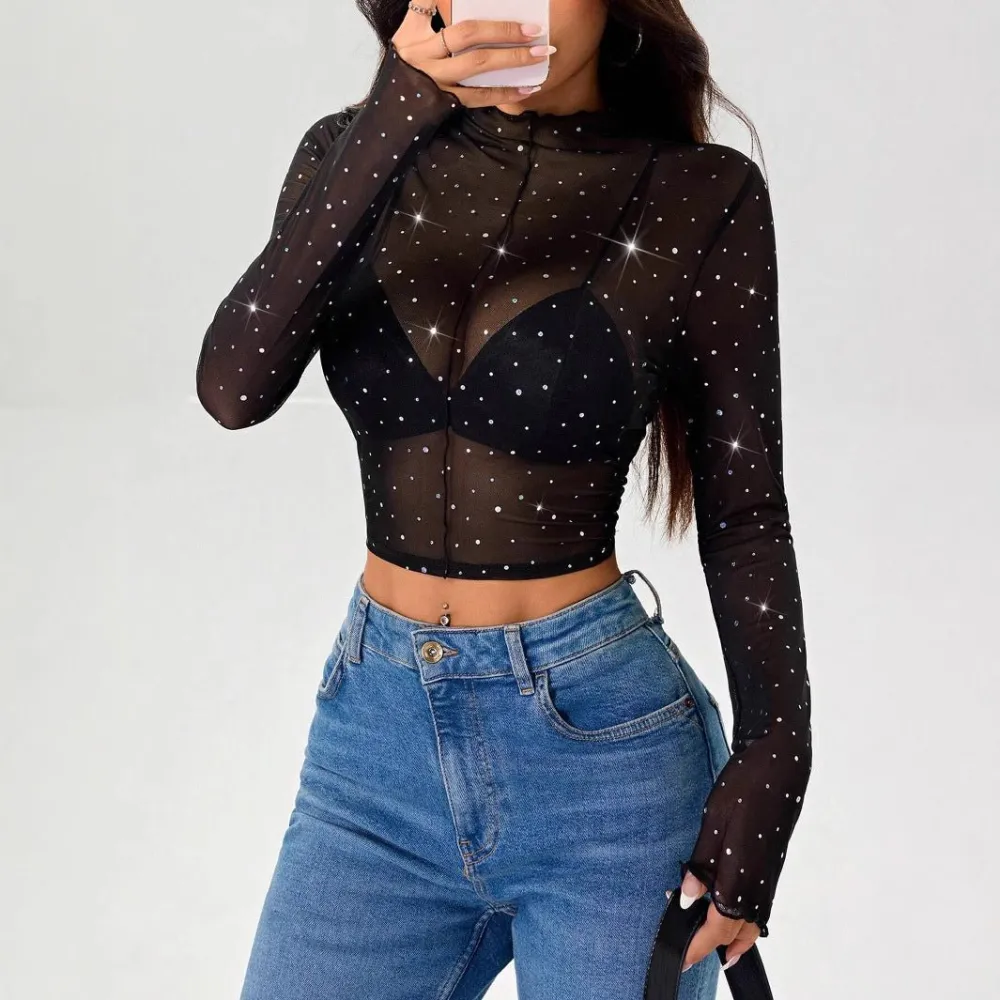 Sequin Mesh Long Sleeve Blouse