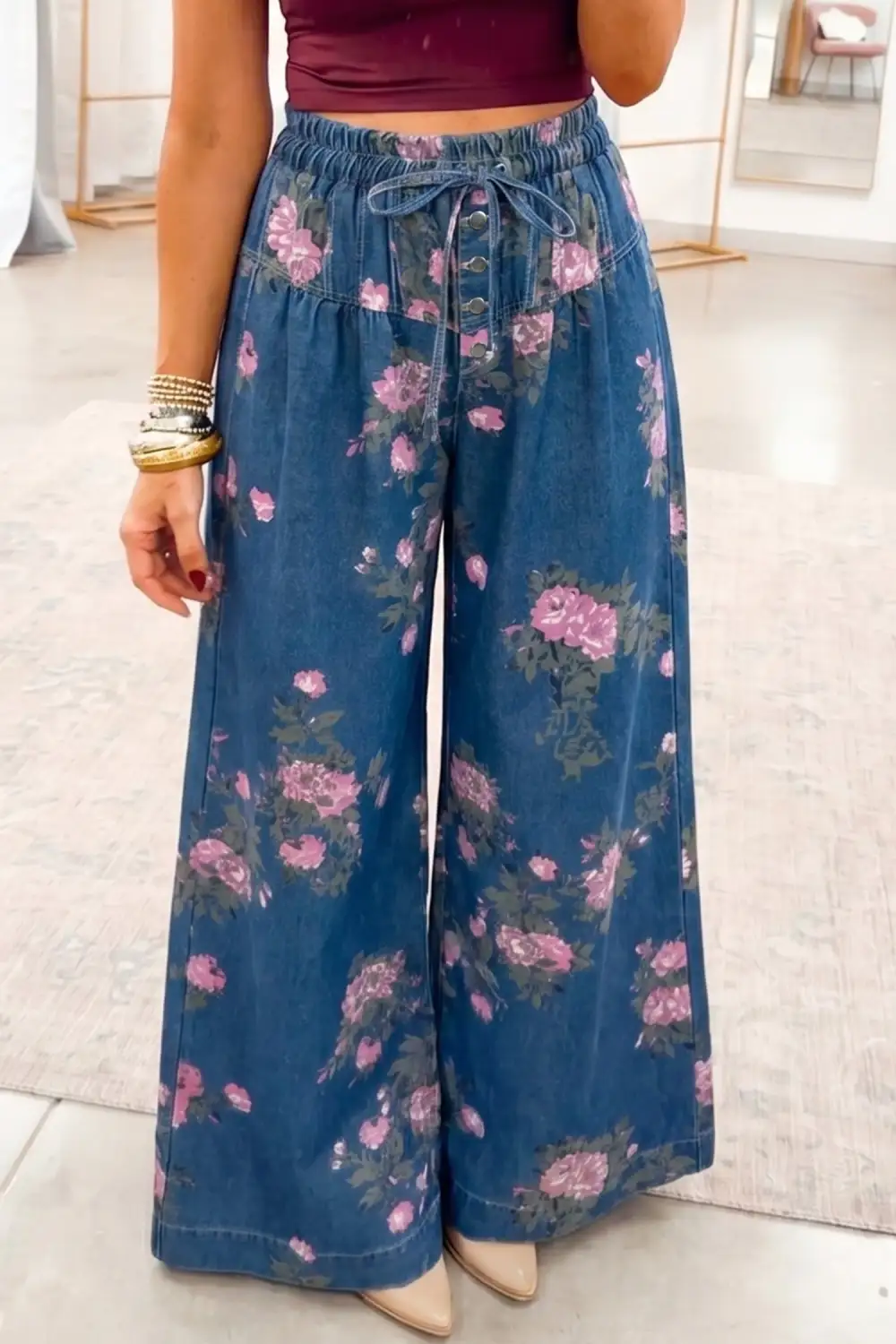 Women's Retro Floral Print Tie Elastic Waist Button Pintuck Wide Leg Jeans