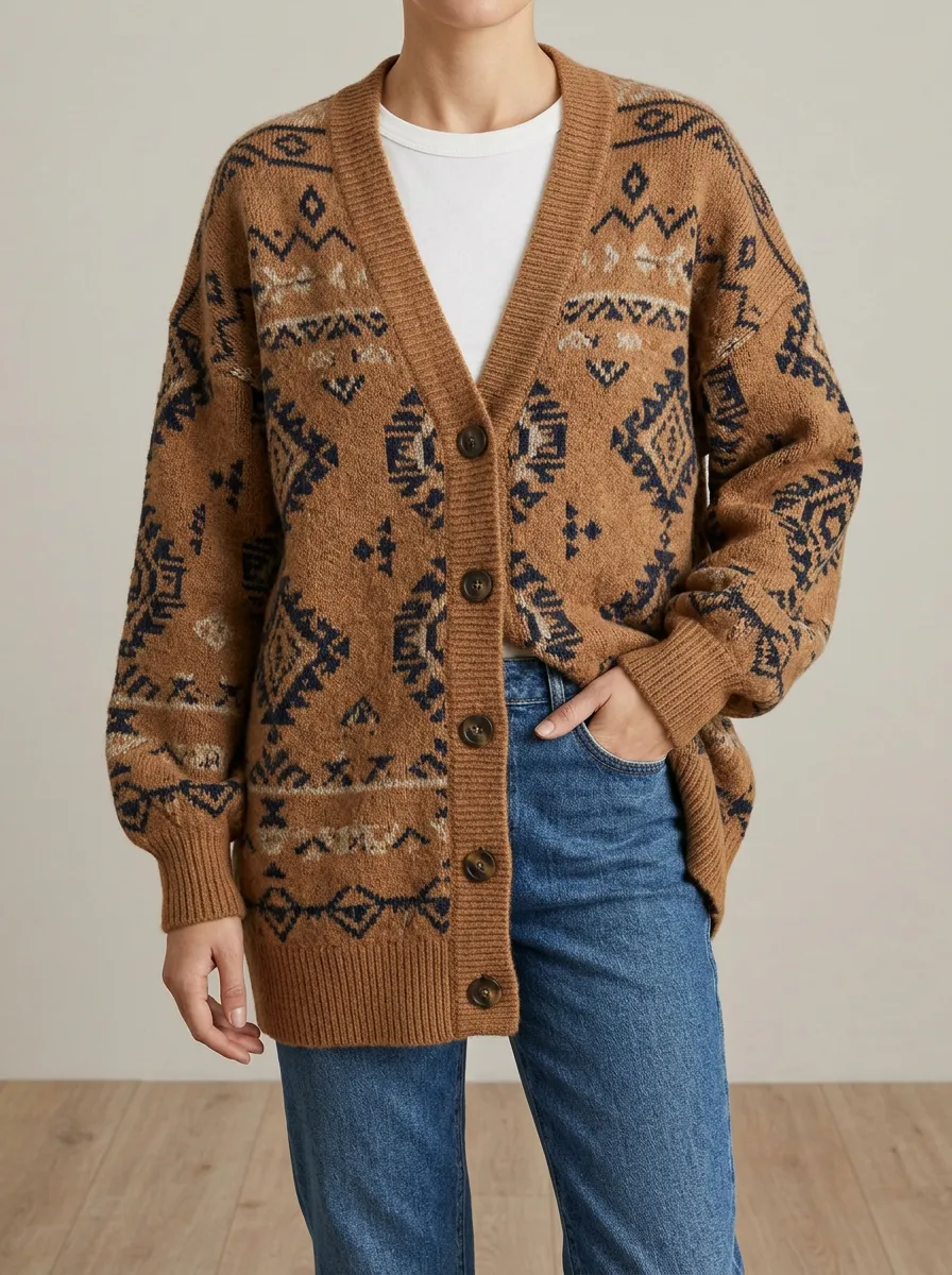Women's Relaxed Knit Cardigan with V Neck Button Front Detail