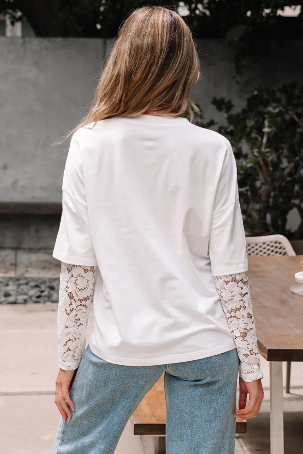 Women's Lace Long Sleeve Drop Shoulder T-Shirt