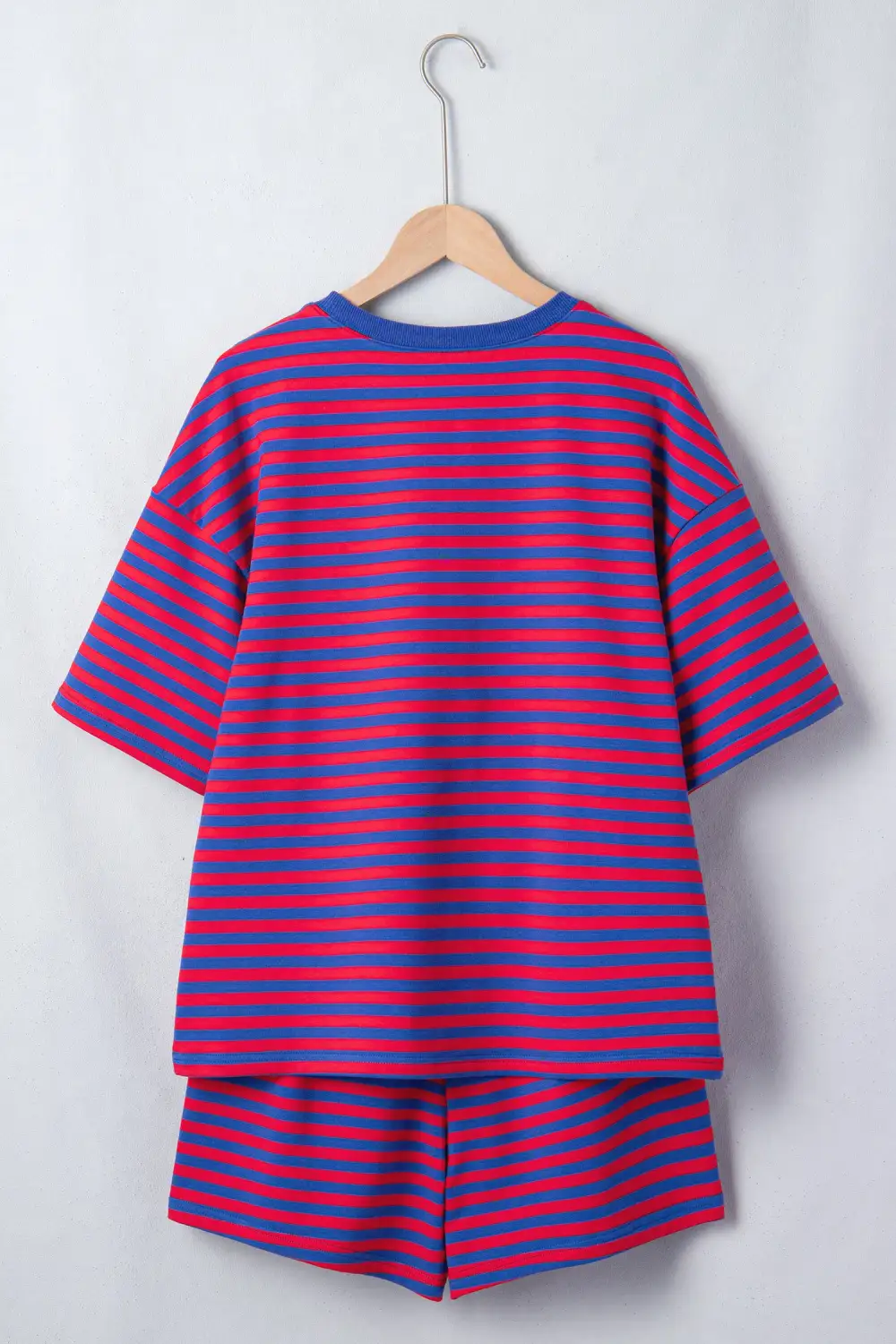 Women's Striped Ribbed Cotton Two-piece Short Set with Chest Patch Detail