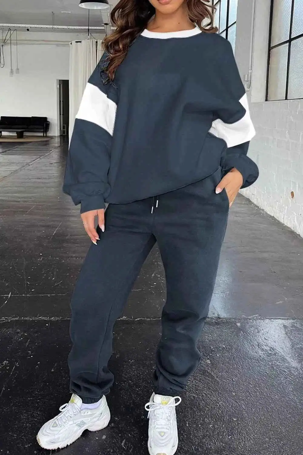 Drop Shoulder Loose Sweatshirt and Joggers Active Set