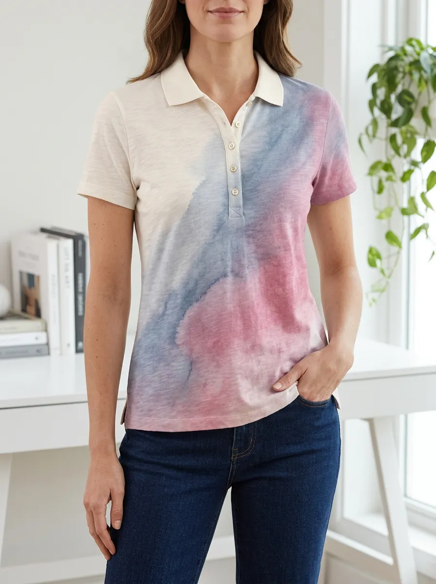 Women's Blue Pink Watercolor Tie-Dye Printed Polo Shirt
