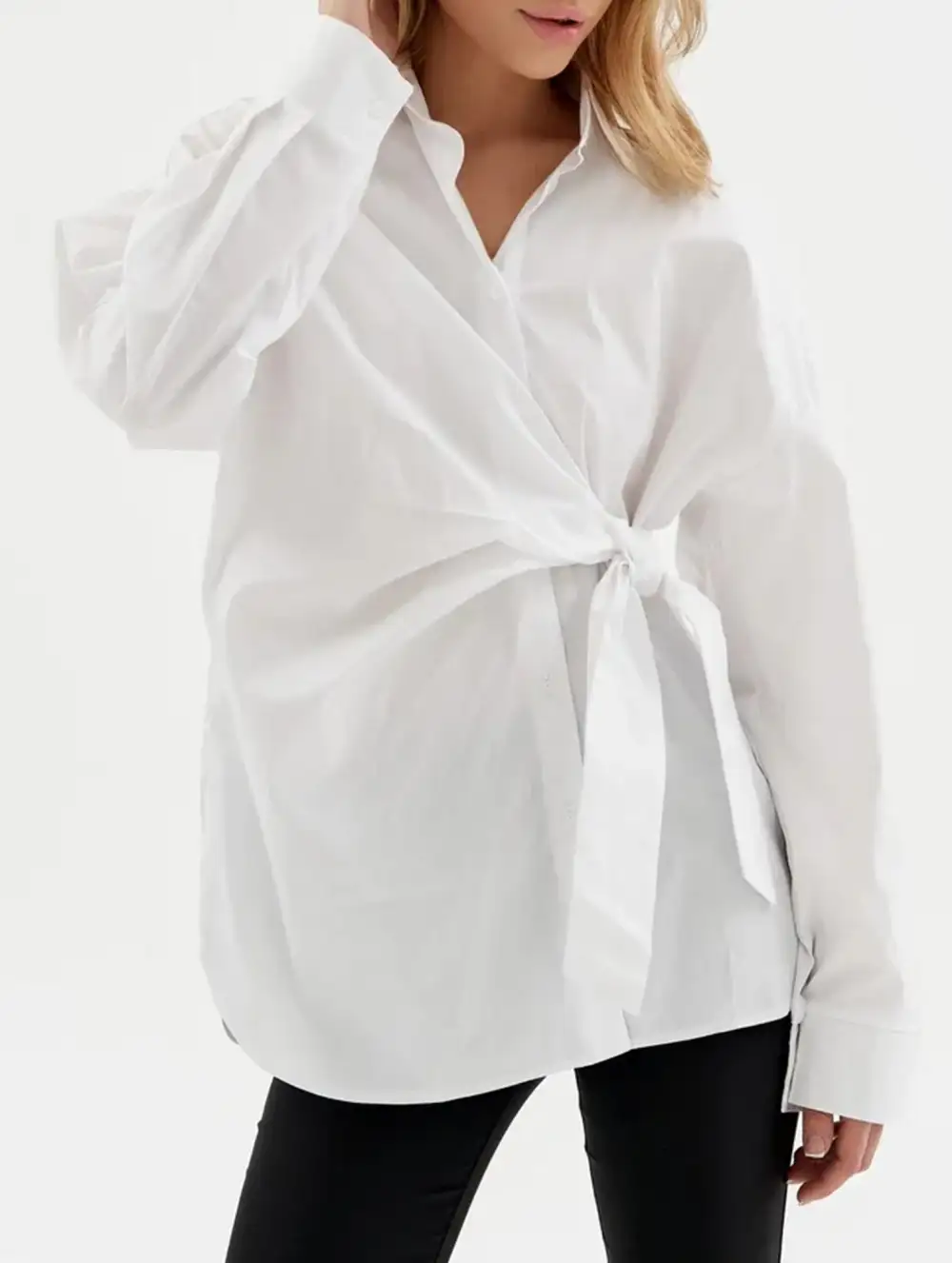 Lapel Button Tie Waist Slim Shirt