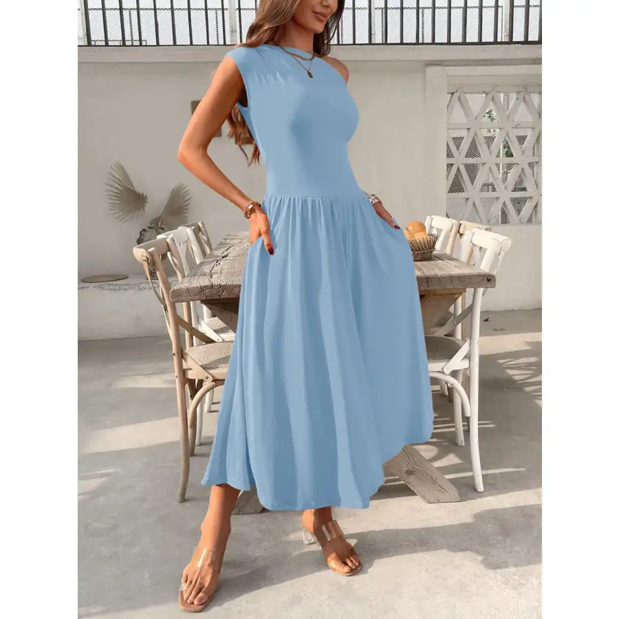 Single Shoulder Midi Dress with Pockets