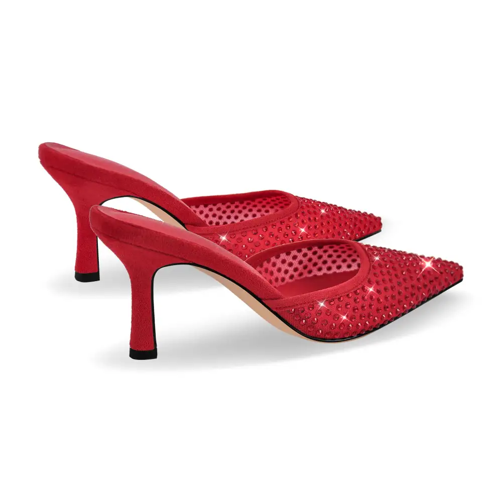 Rhinestone Pointed Toe Stiletto Slip On Heeled Mules
