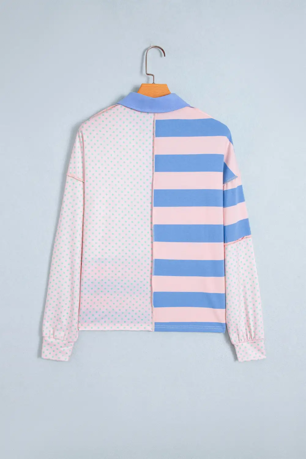 Polka Dot Polo Collar Twist Detail Cotton Blend Long Sleeve Top