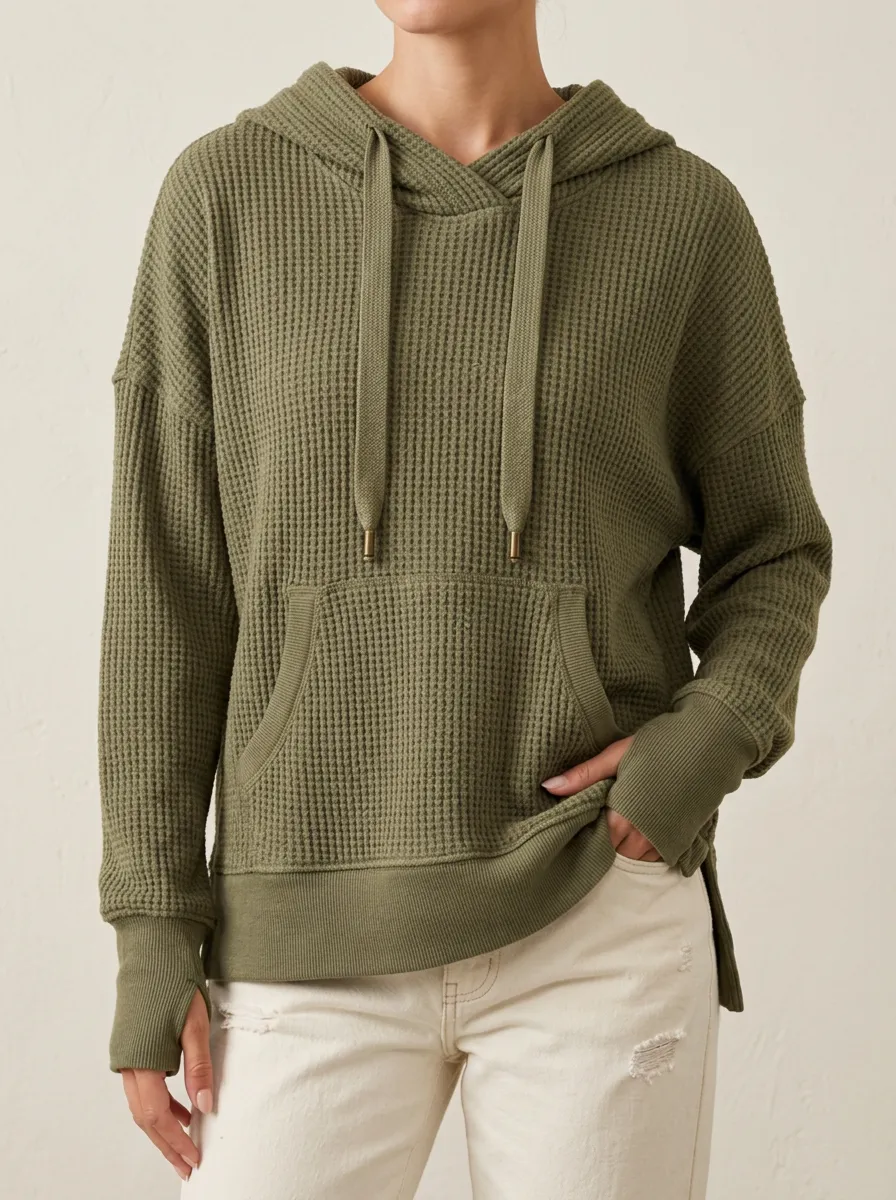 Casual Utility Waffle Knit Hooded Pullover Top