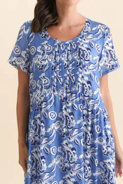 Viscose Knee-Length Floral Pocket Pleated Round-Neck Short-Sleeve Dress