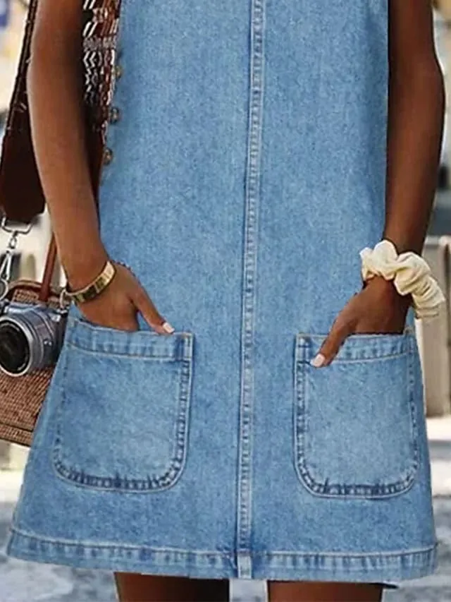 Women's Casual Dress Shift Dress Denim Overall Pinafore Dress Mini Dress Denim Fashion Modern Outdoor Daily Vacation U Neck Pocket Sleeveless Summer Spring 2026 Regular Fit Black Blue Gray Plain S M