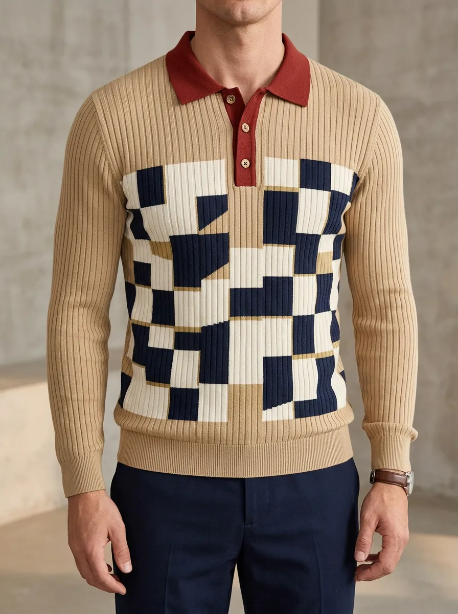 Men's Geometric Checkered Pattern Knitted Long Sleeve Polo Shirt
