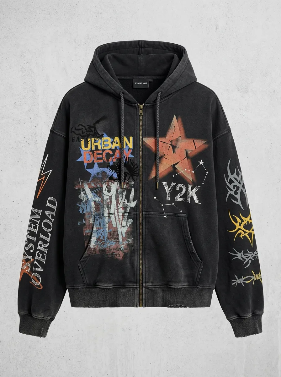 Unisex Y2K Streetwear Urban Decay Star Graphic Printed Zip-up Hoodie