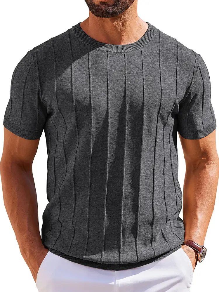 Casual Short Sleeve Shirt Ribbed Knit Pullover Tee