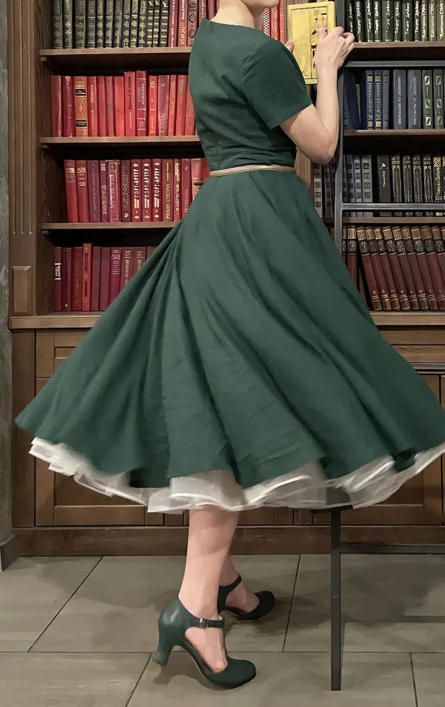 Classic Linen Cotton Swing Short Sleeve Midi Dress