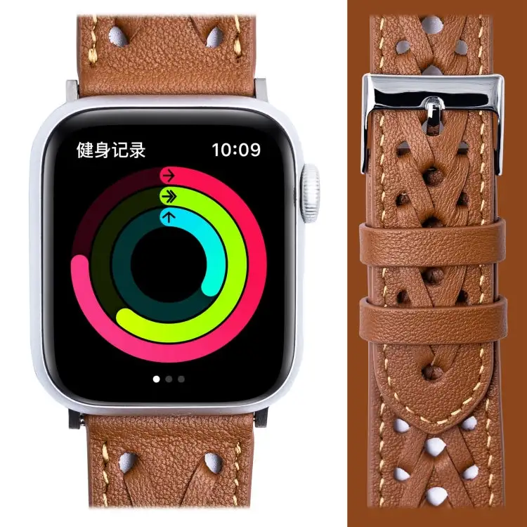 Genuine Leather Woven Watch Strap for Watch Ultra 49 mm & Ultra 2 49 mm / Series 9 & 8 & 7 45 mm / SE 3 & SE 2 & 6 & SE & 5 & 4 44 mm / 3 & 2 & 1 42 mm - Brown