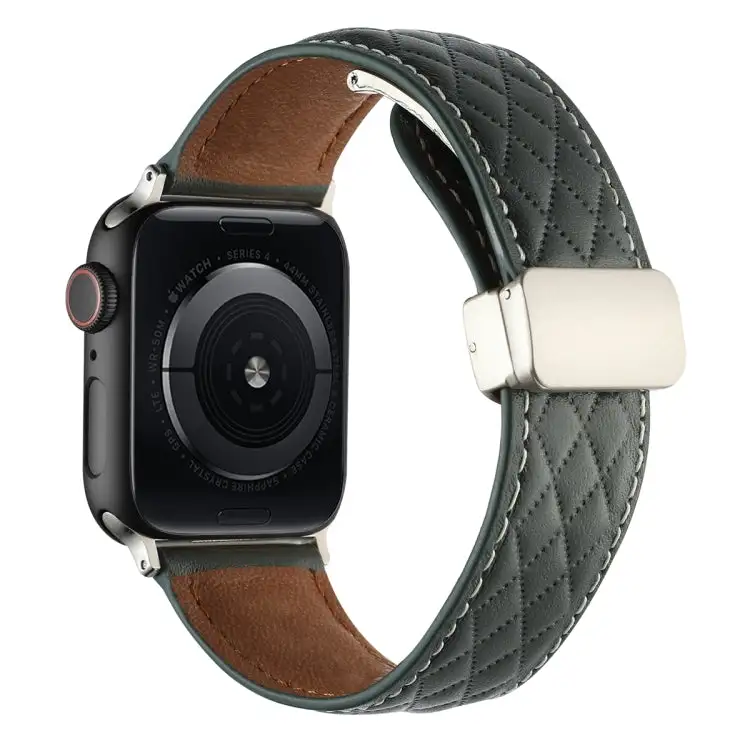 Rhombus Pattern Magnetic Folding Buckle Leather Watch Band for Watch SE 40 mm - Dark Green