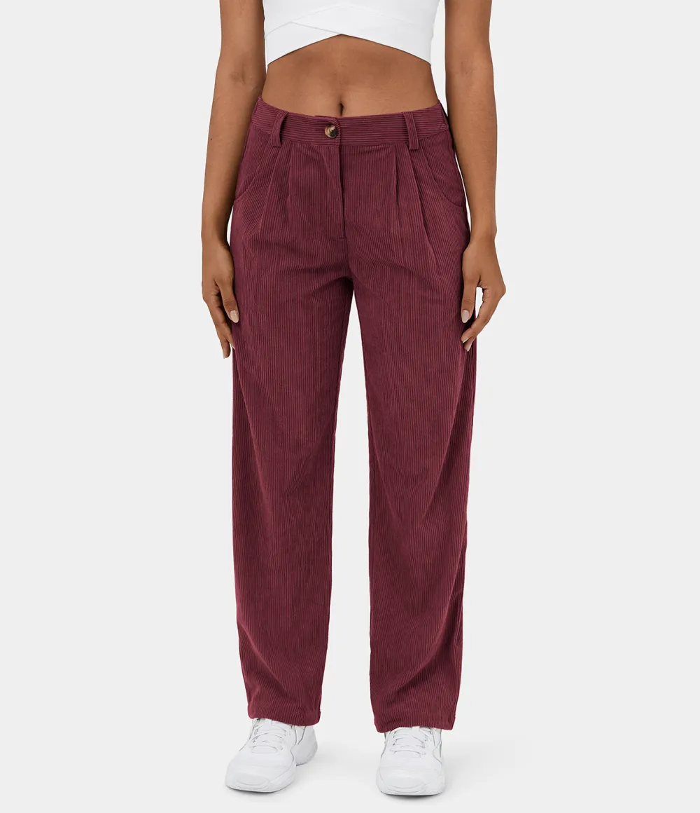 Mid Rise Button Zipper Side Pocket Corduroy Casual Pants