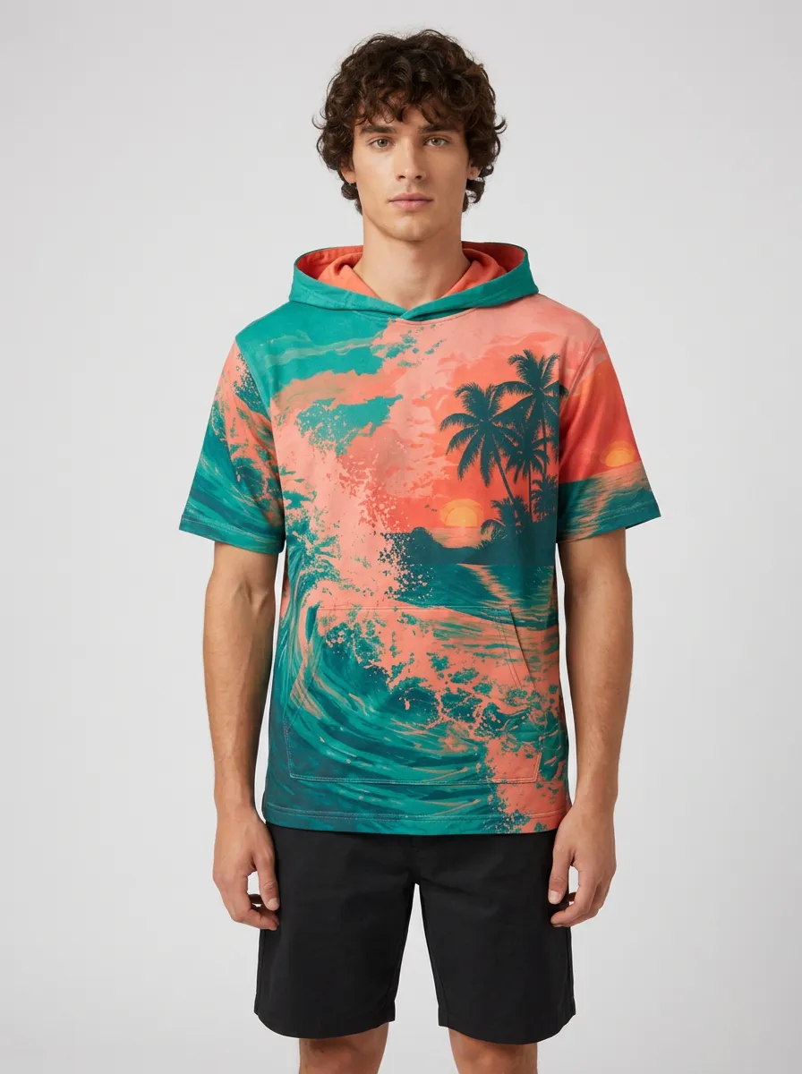 Men's Tropical Beach Sunset Ocean Wave Printed Hoodie Shirt