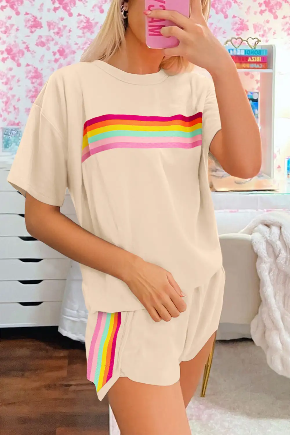 Women's Vibrant Striped Detail Athleisure Two Piece Short Set