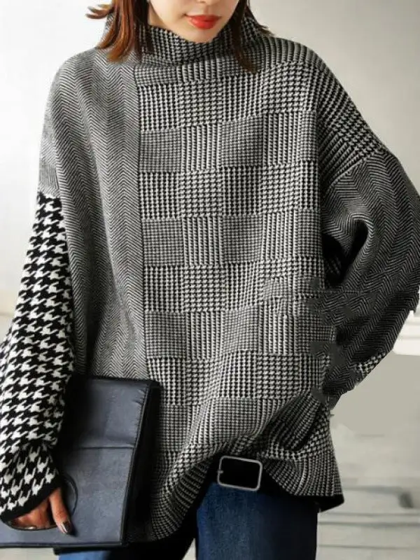 Houndstooth Plaid High Neck Long Sleeve Relaxed Fit Pullover Sweater
