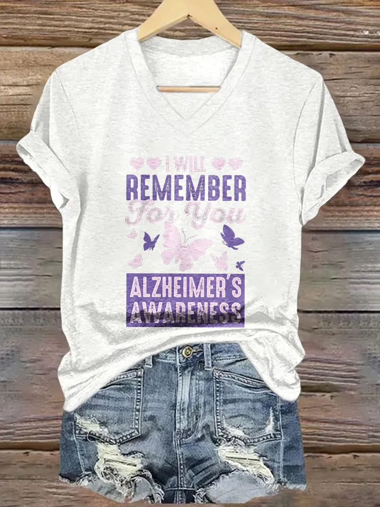Women's I Will Remember For You Alzheimer's Awareness V-Neck Short-Sleeved T-Shirt