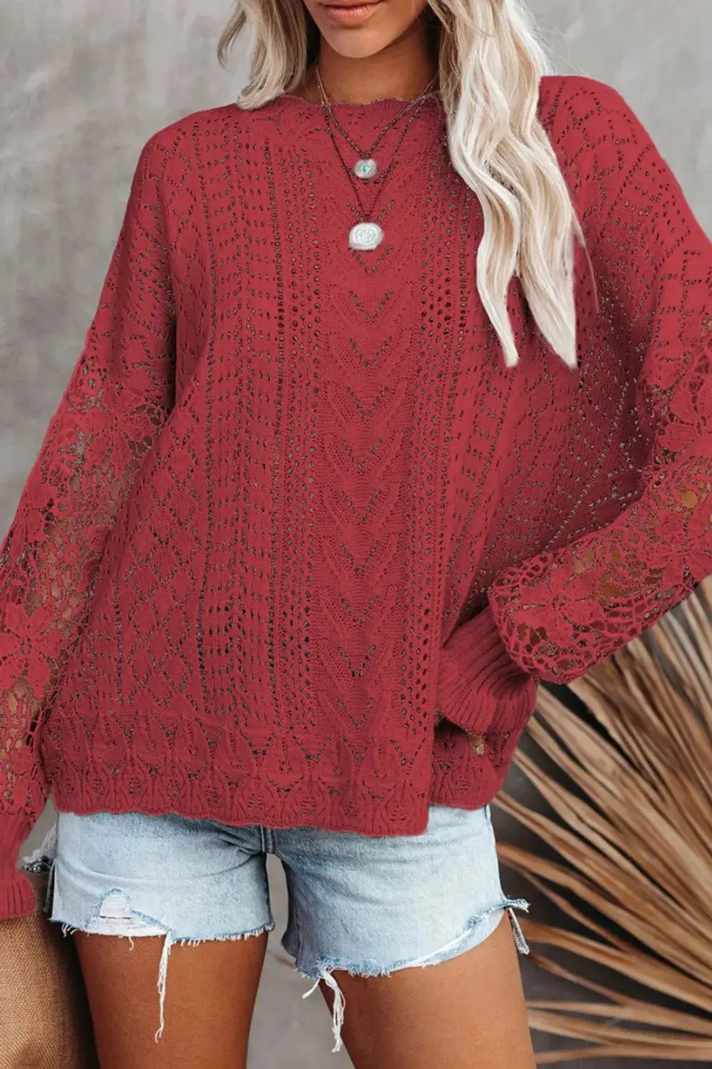 Long Sleeve Round Neck Openwork Sweater