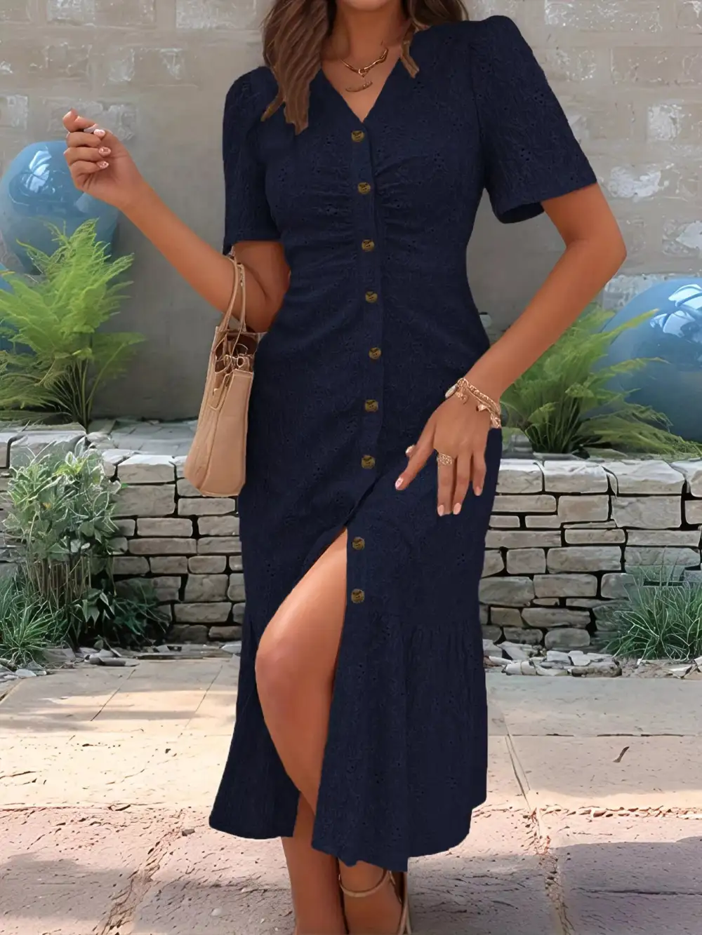 Eyelet Embroidered Button-Down Midi Dress