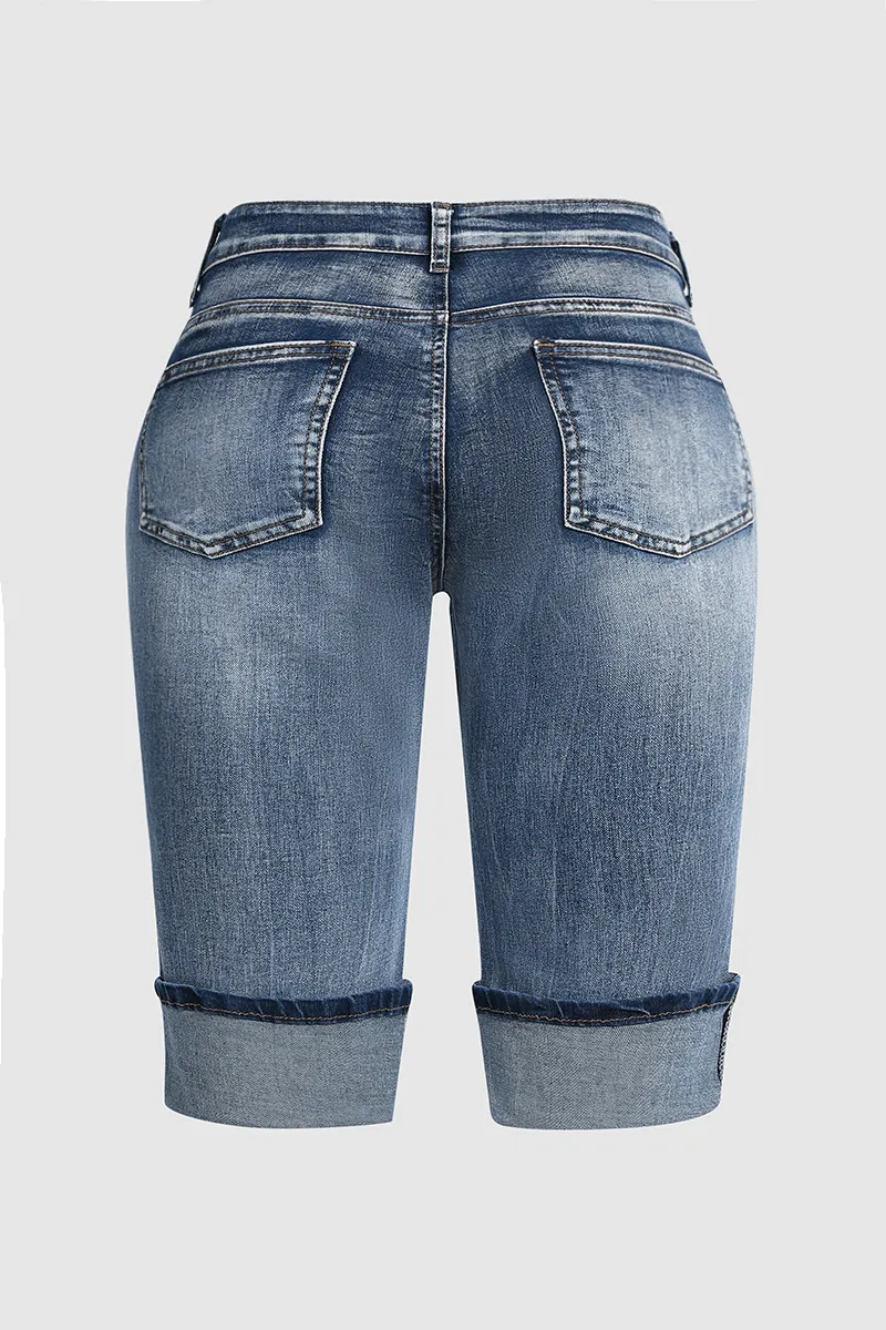 Cuffed Hem Low Rise Bermuda Denim Shorts Without Belt