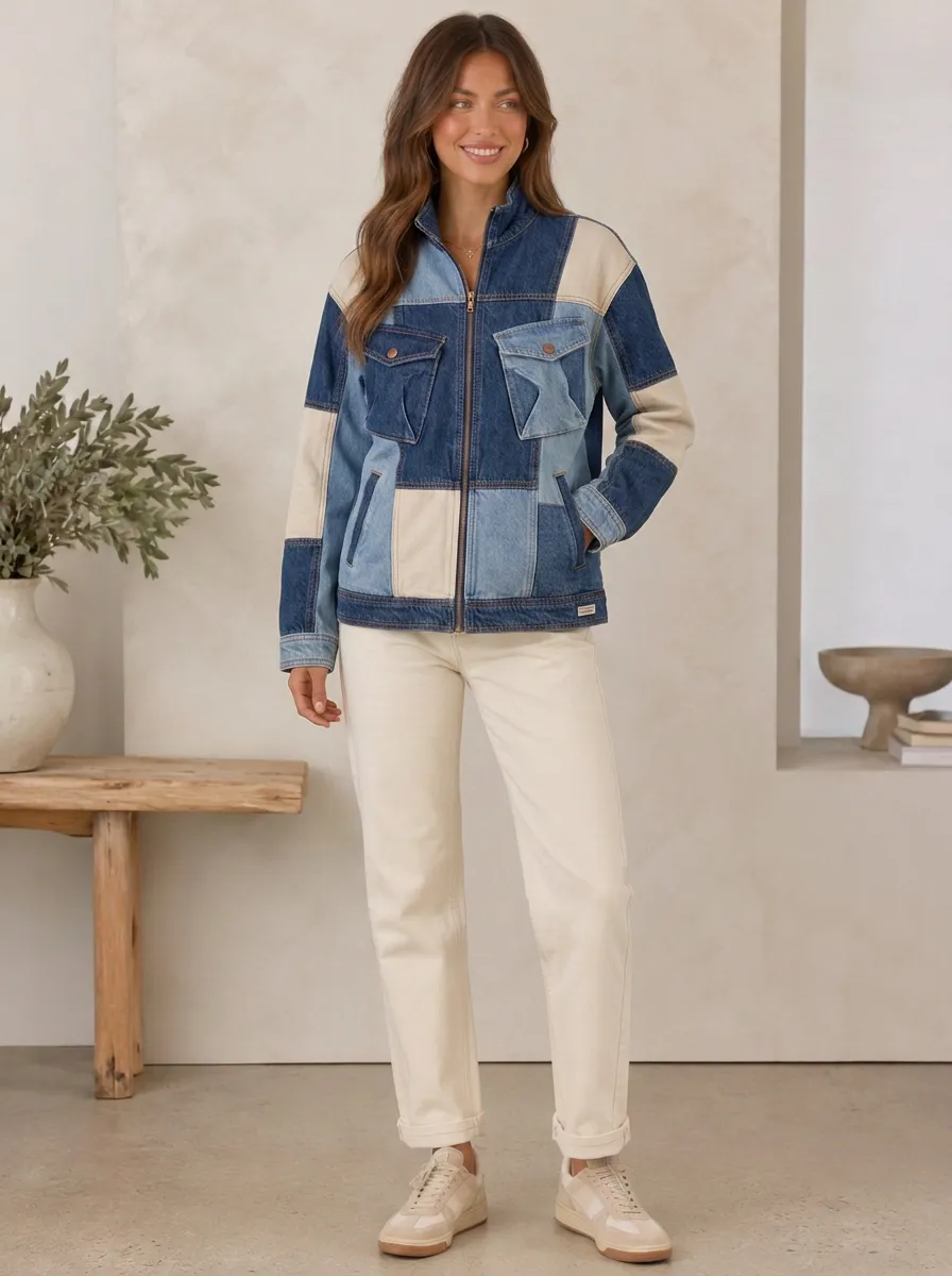 Women's Vintage Style Patchwork Denim Zip Up Jacket
