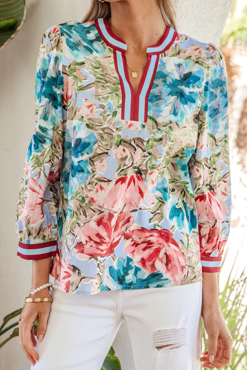 Sky Blue Contrast Trim V Neck Blouse