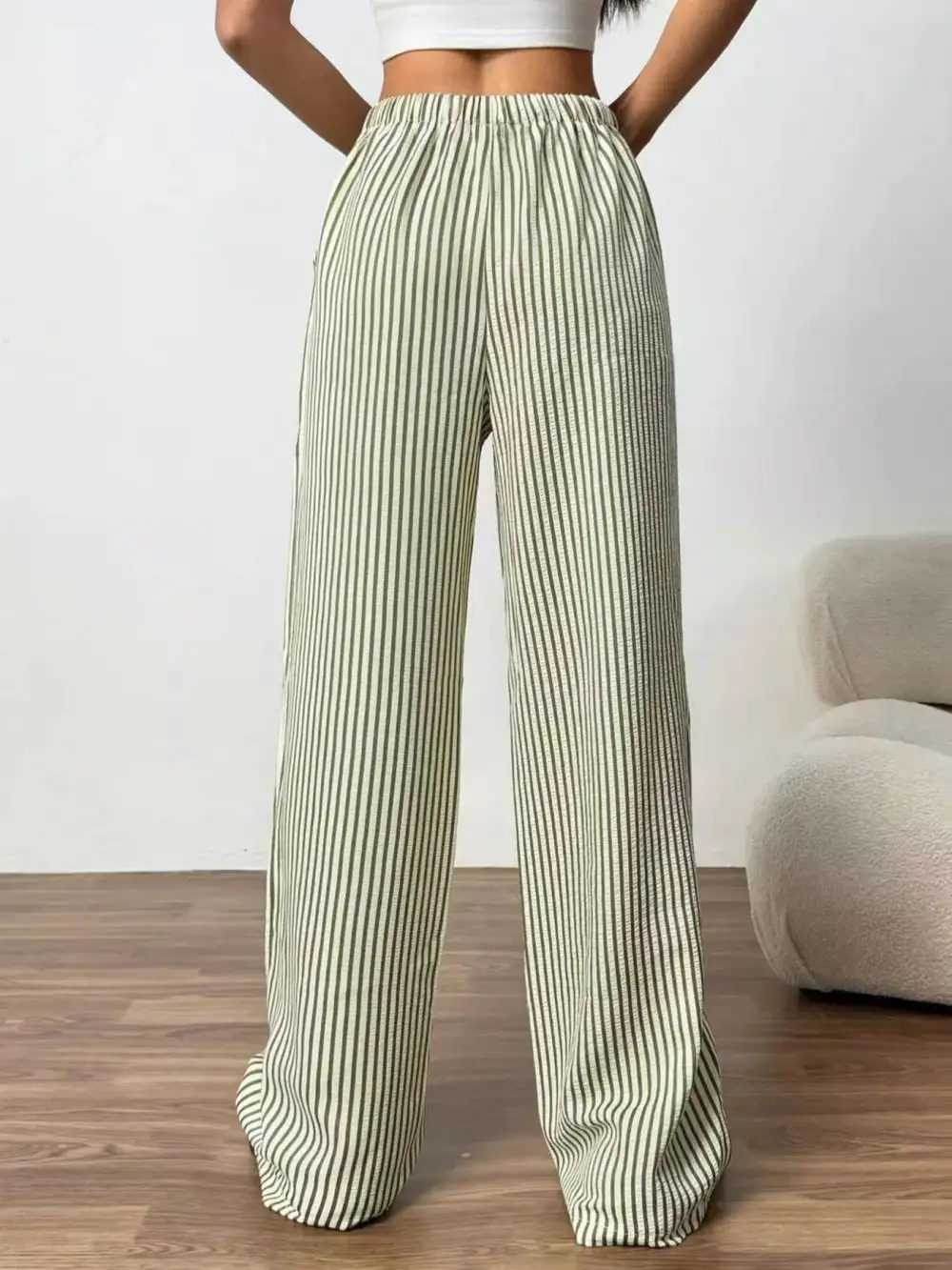 Wide Leg Drawstring Striped Pocketed Pants