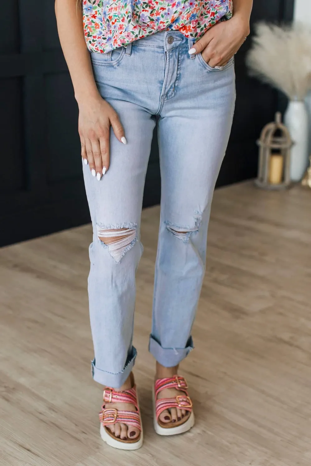 Mid-Rise Tummy Control Straight Leg Distressed Jeans