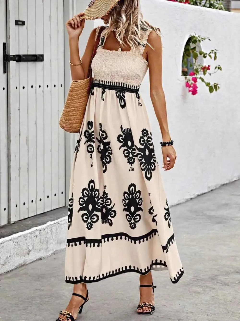 Smocked Printed Wide Strap Maxi Dress