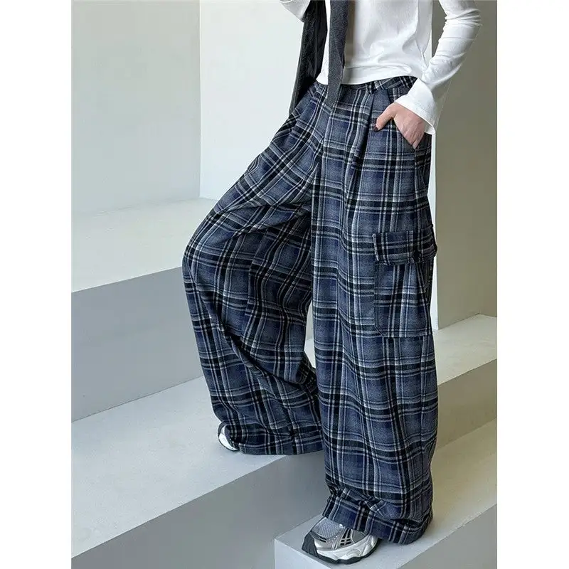 Classic Loose Fit Plaid Wide Leg Floor Length Pants