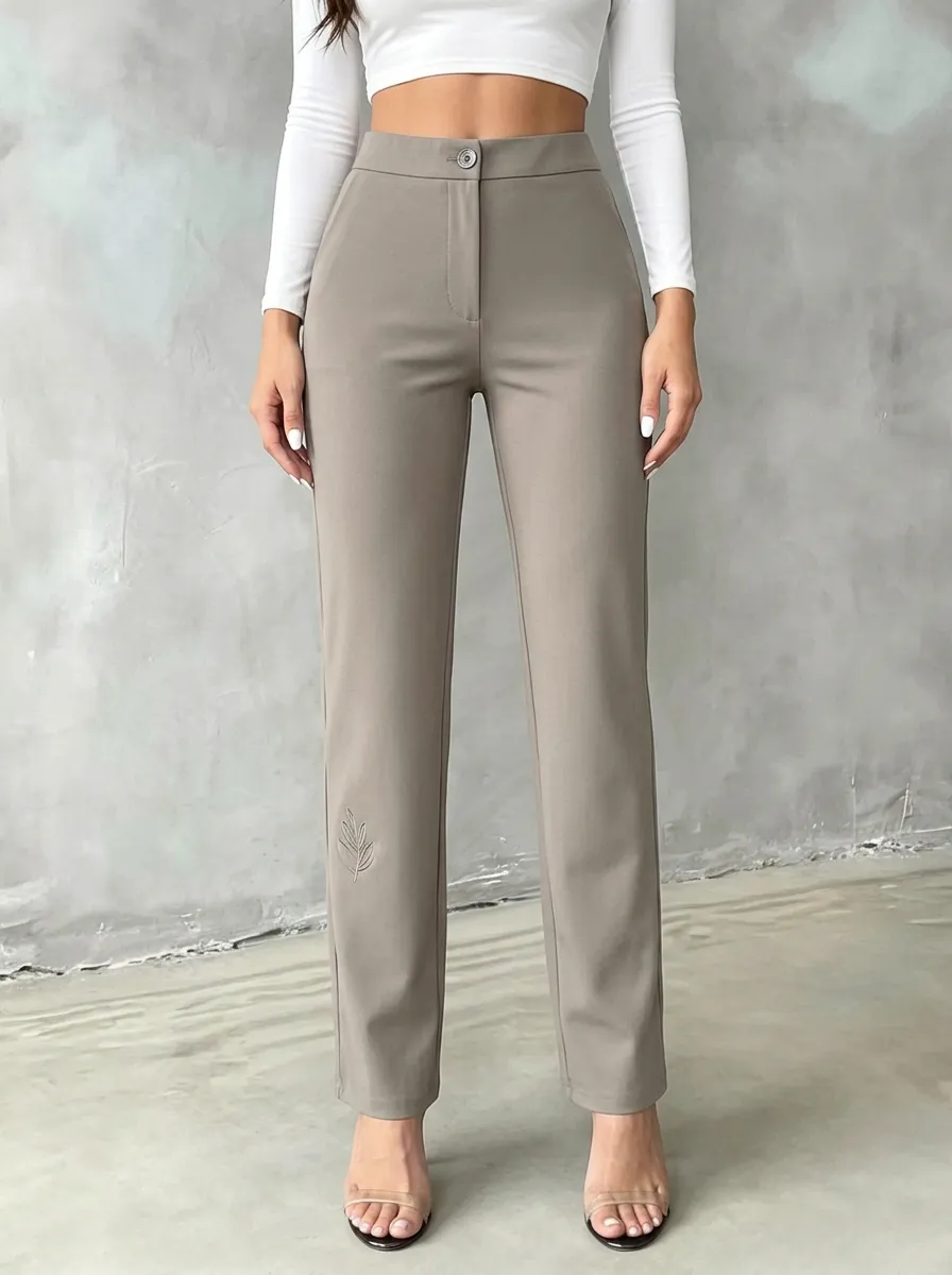 Women's Versatile Flexible Leaf Embroidered Mid Rise Straight Leg Pants