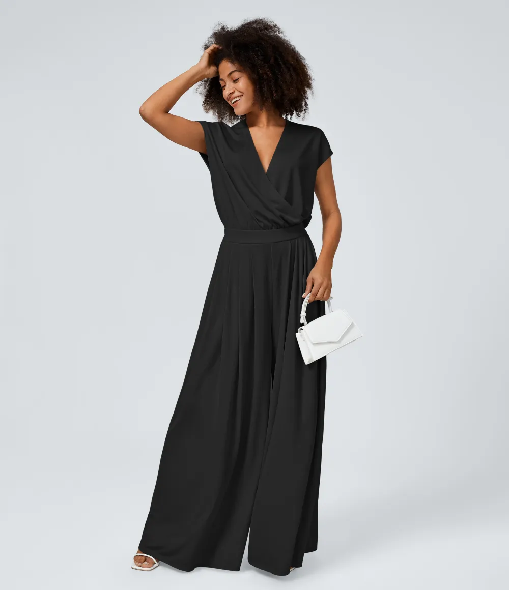 V Neck Short Sleeve Side Pocket Wide Leg Flowy Waffle Casual Jumpsuit