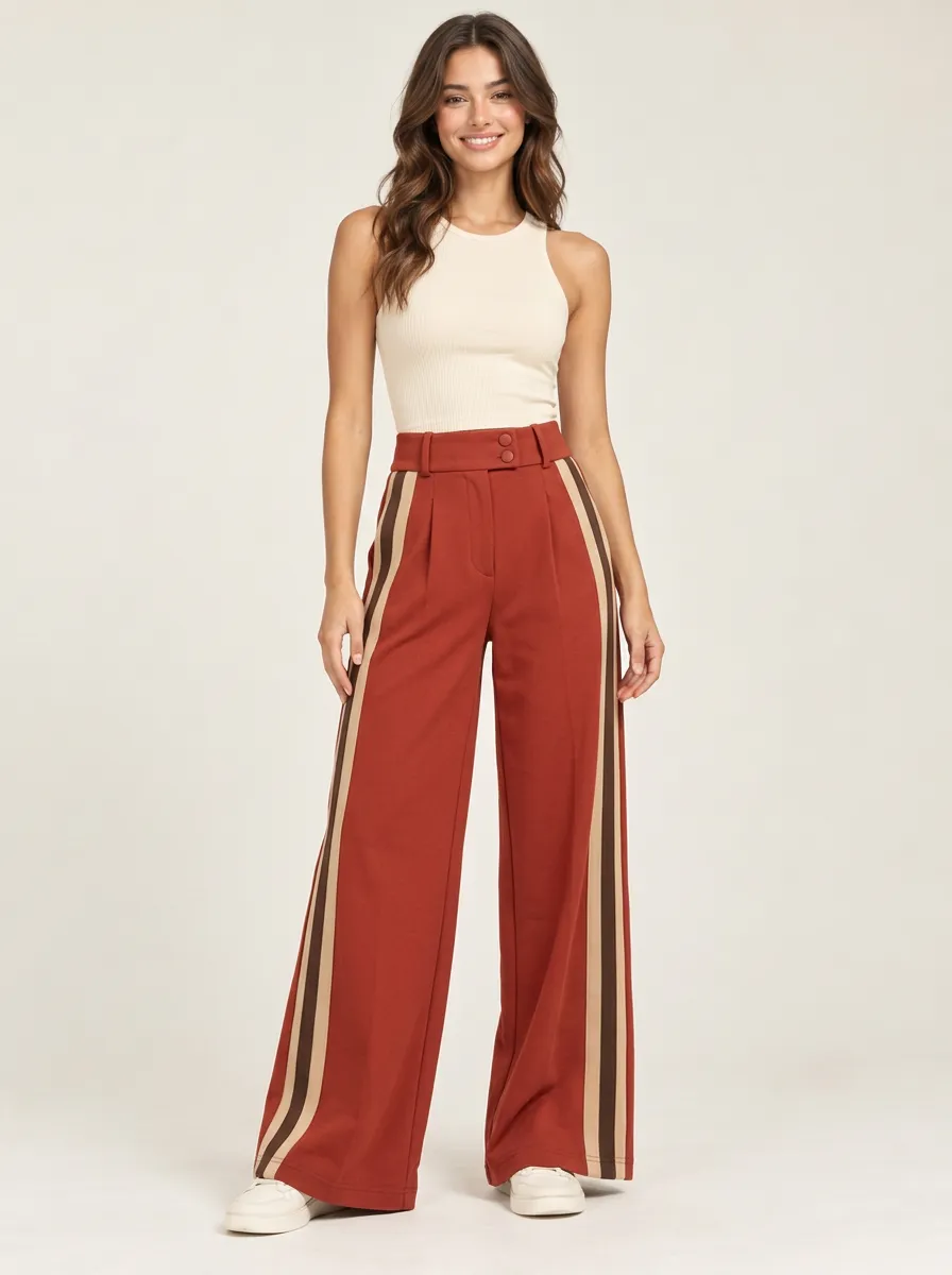 Women's High-Rise Pocket-Free Pleated Side-Stripe Wide-Leg Trousers
