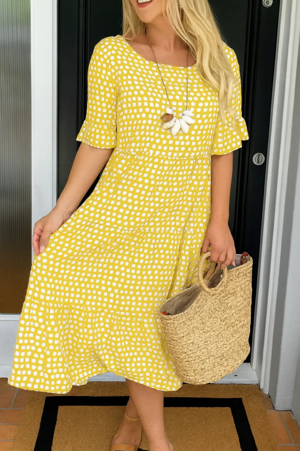  Short Sleeve Polka Dot Midi Dress