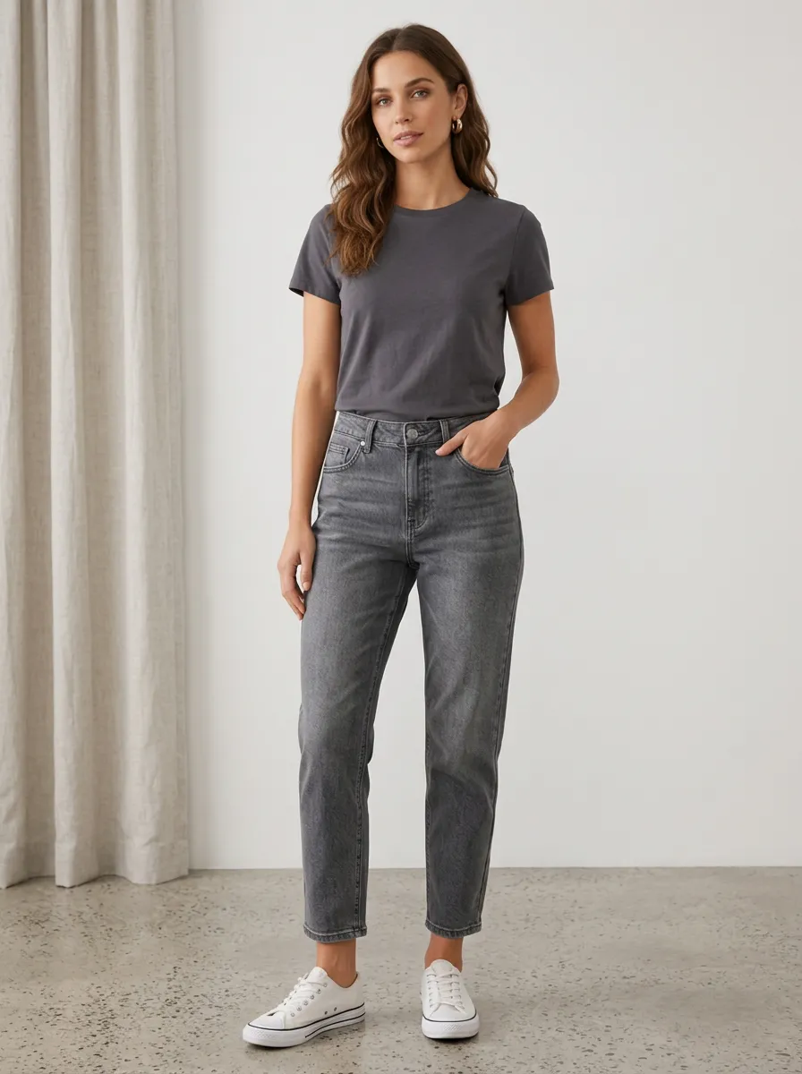 Women's Casual Everyday Grey Denim High-Rise Mom Jeans