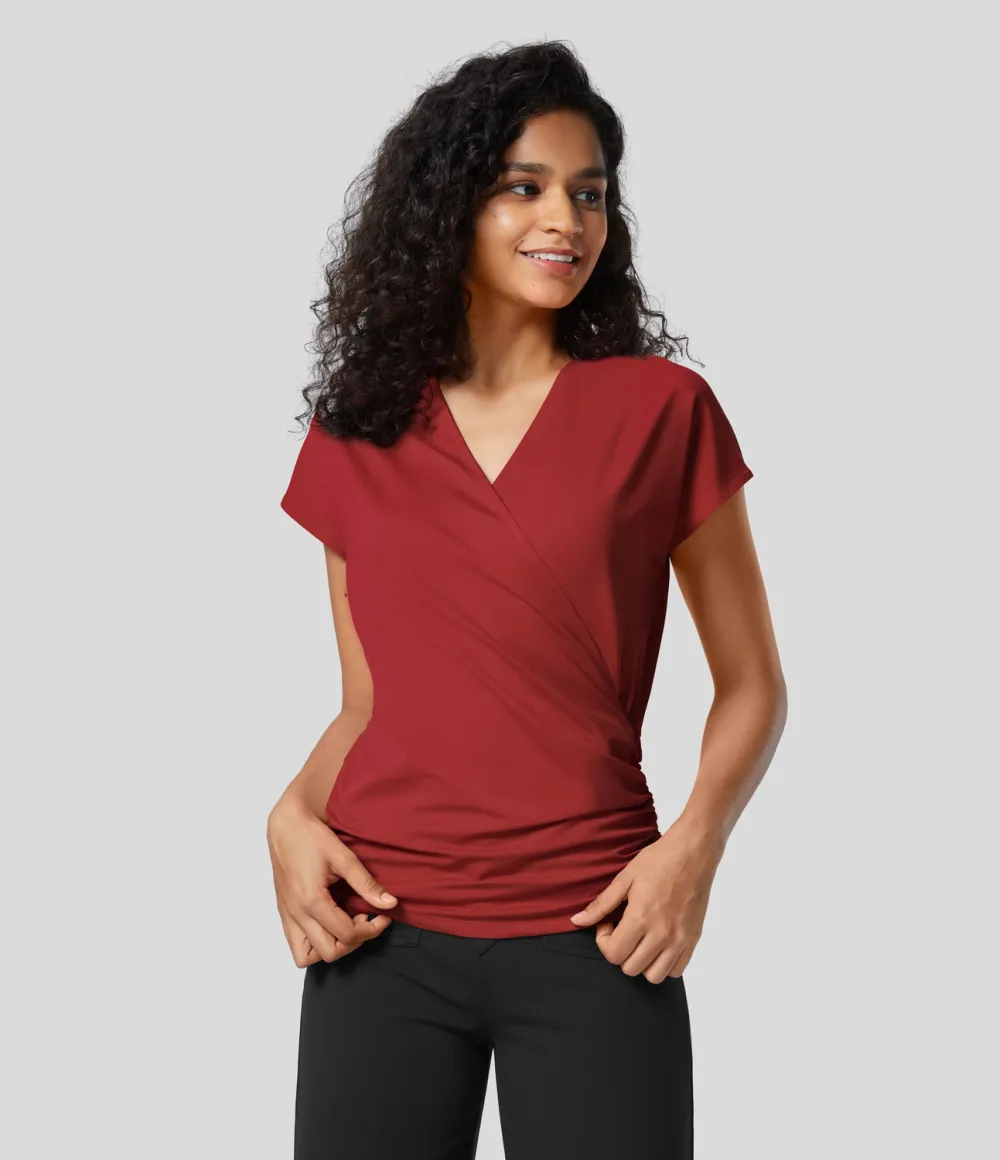 V Neck Cap Sleeve Crossover Ruched Solid Work Blouse