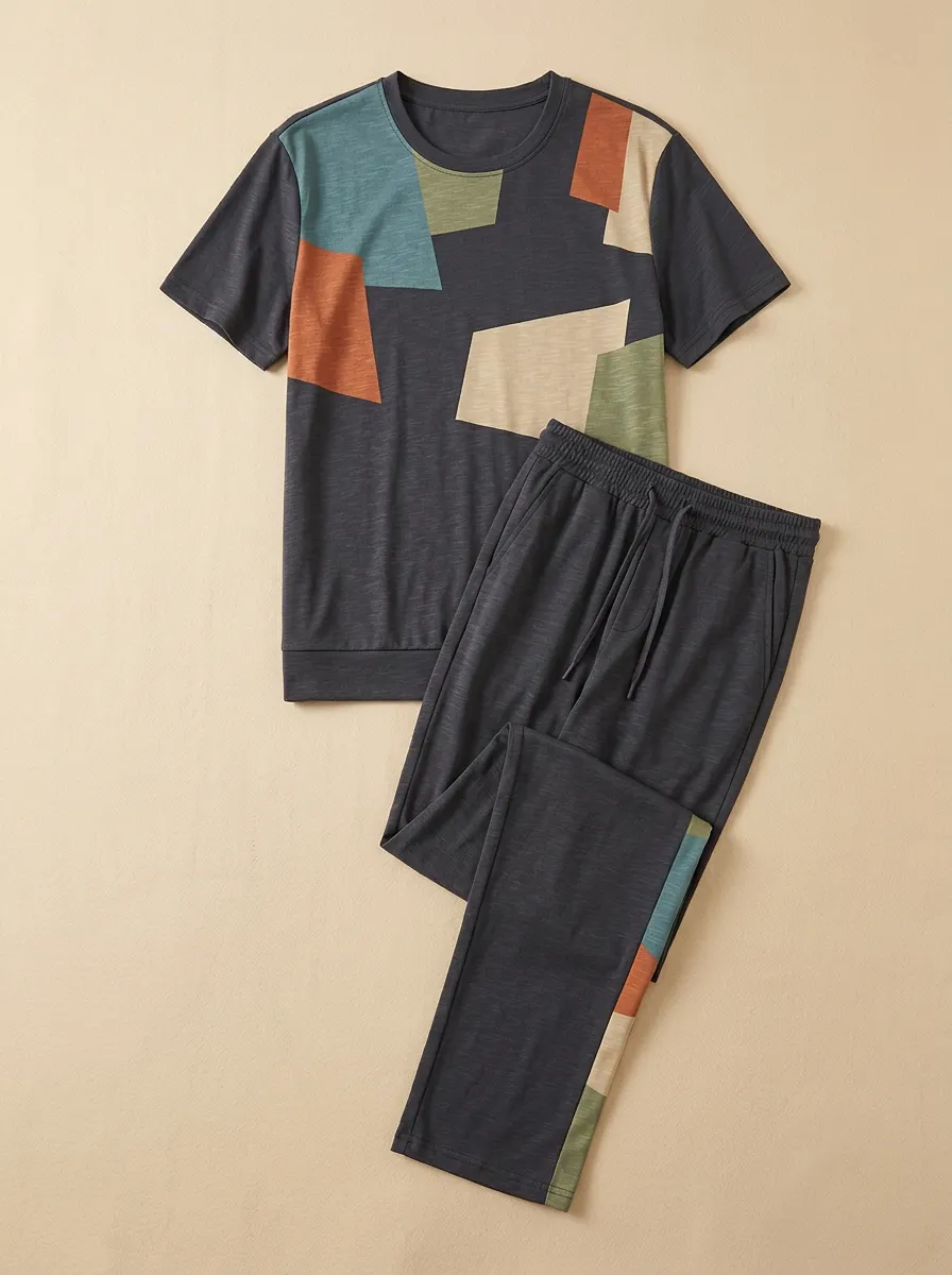 Men's Geometric Colorblock Pattern Printed Casual Lounge Set