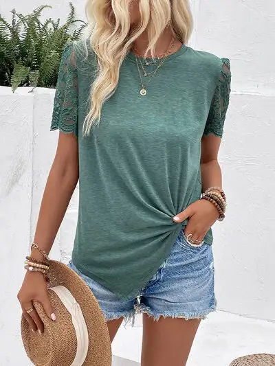 Round-Neck Short-Sleeve Lace-Detail T-Shirt