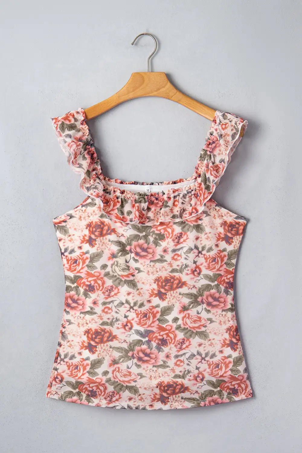 Retro Floral Ruffle Trim Square Neck Tank Top