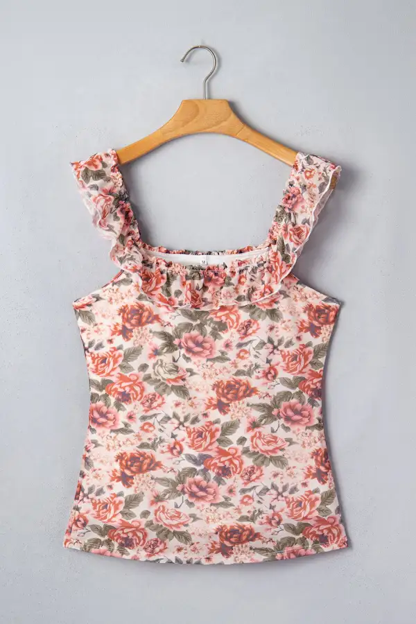 Retro Floral Ruffle Trim Square Neck Tank Top