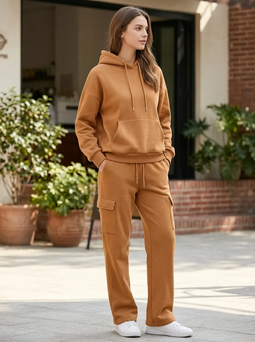 Women's Solid Camel Long Sleeve Hoodie Cargo Pants Set