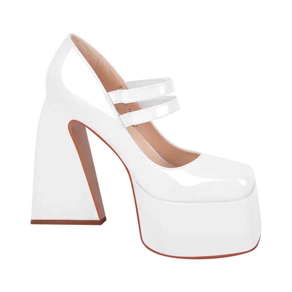 Modern Patent Finish Square Toe Platform Chunky Heel Pumps