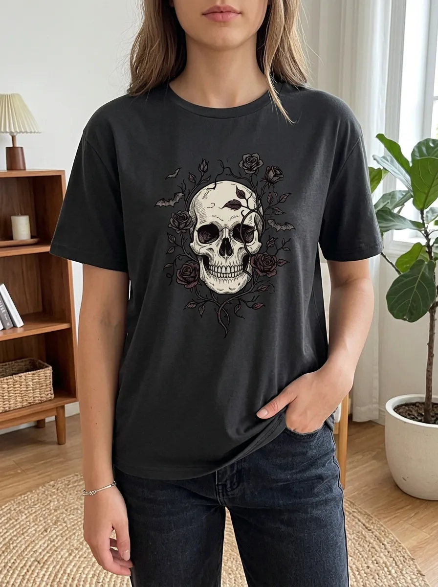 Women's Halloween Gothic Skull Rose Bat Short Sleeve Graphic T-Shirt