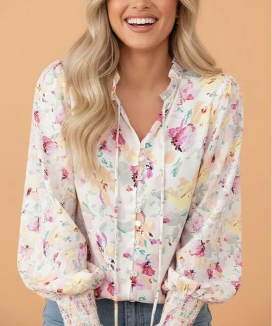 Boho Floral Smocked Puff Sleeve Blouse