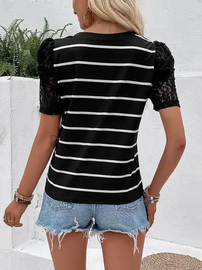 Short-Sleeve Lace-Detail Striped T-Shirt